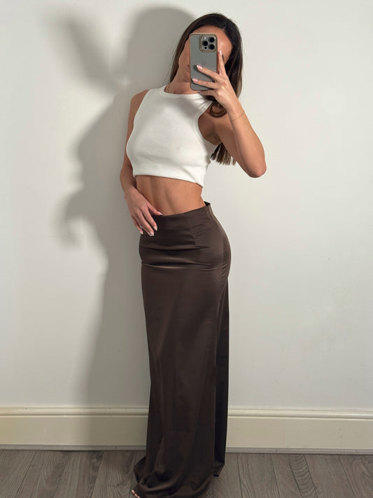 Brown satin maxi skirt